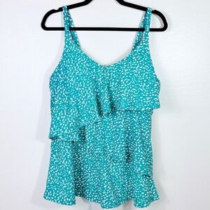 Cacique tiered flounce tankini swim top teal and white animal dot pattern